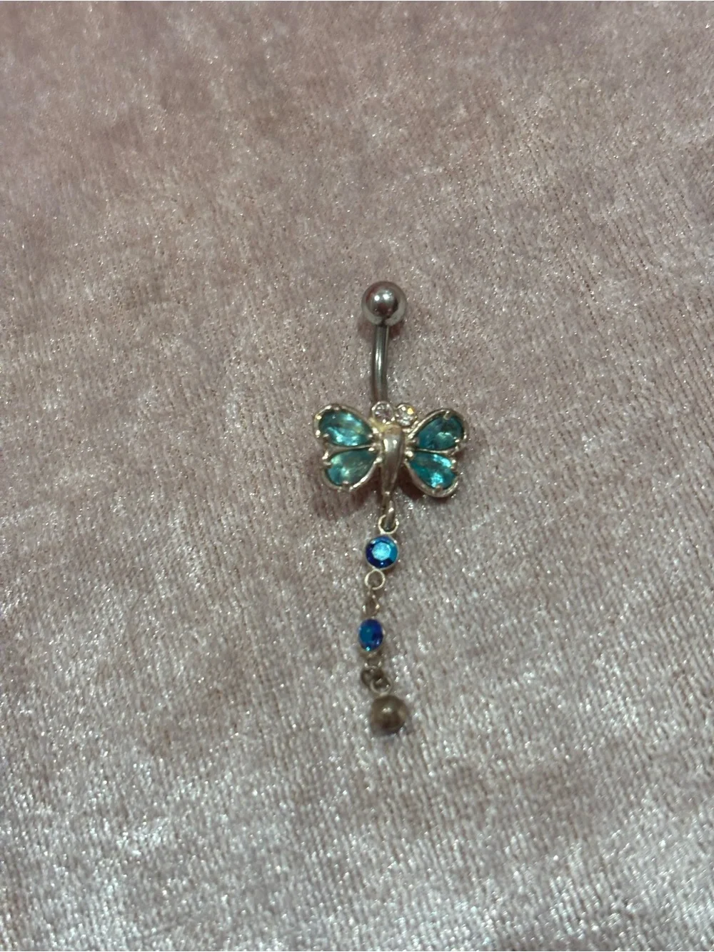 Butterfly Teal Crystal Dangle Belly Ring
